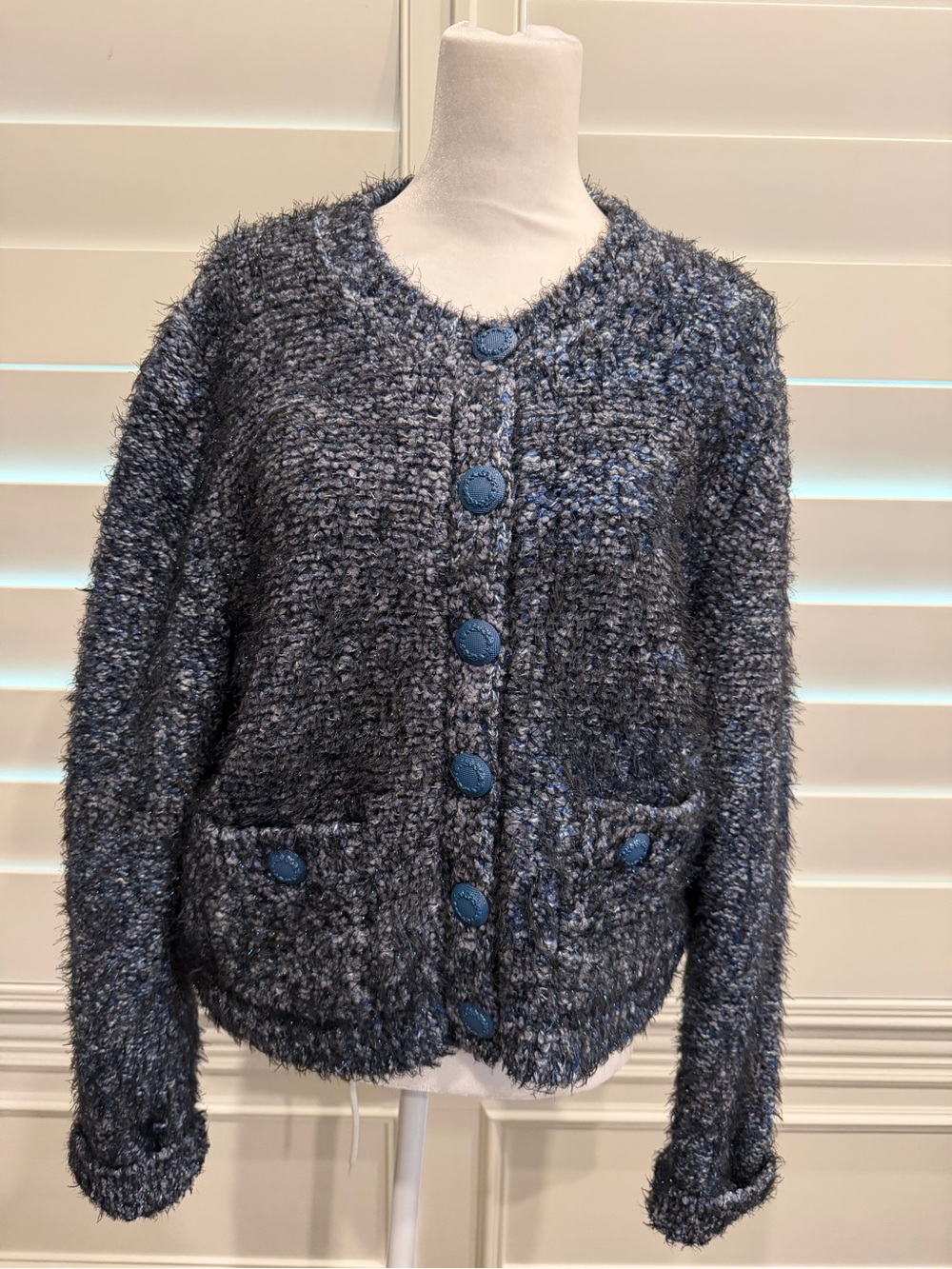 L'AGENCE Una Textured Blue and gray Button-Front Cardigan
